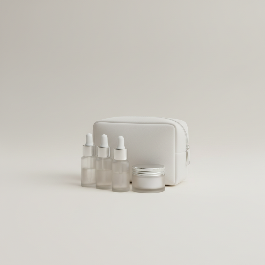 Professional e-commerce product photography of a **brandless** Peptide Serum Travel Kit (Compact peptide serum set ideal for on the go wellness routines.). The entire environment is a perfectly uniform, flat, solid color #EAE9E7 (light warm gray) with absolutely no gradient, vignette, spotlighting, texture, noise, or grain. The object is centered and tiny, occupying only 25% of the frame, surrounded by massive negative space. The background and floor are a seamless, infinite cyclorama of solid color #EAE9E7 with no horizon line, no corner, and no visible wall/floor transition. Lighting: ultra-even high-key with very strong global illumination and soft, multi-directional bounced fill (studio light tent look). Bright exposure (lifted midtones and shadows, low contrast), slightly overexposed overall while preserving product detail. Fully diffuse, no hard shadows, no cast shadows; at most a barely visible neutral contact shadow. No harsh specular highlights. Framing: simple 3/4 view. Perfectly centered. Style: ultra-clean, minimalistic. No logos, no text, no distractions. 8k resolution, sharp details on the object.