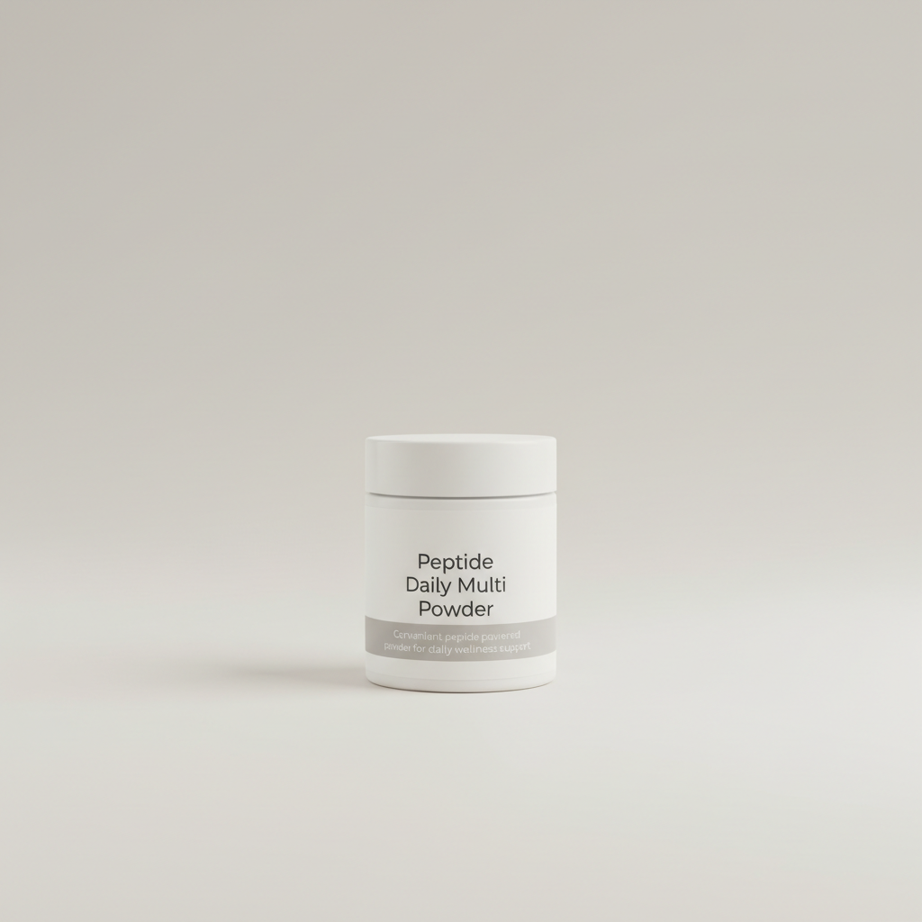 Professional e-commerce product photography of a **brandless** Peptide Daily Multi Powder (Convenient peptide powered powder for daily wellness support.). The entire environment is a perfectly uniform, flat, solid color #EAE9E7 (light warm gray) with absolutely no gradient, vignette, spotlighting, texture, noise, or grain. The object is centered and tiny, occupying only 25% of the frame, surrounded by massive negative space. The background and floor are a seamless, infinite cyclorama of solid color #EAE9E7 with no horizon line, no corner, and no visible wall/floor transition. Lighting: ultra-even high-key with very strong global illumination and soft, multi-directional bounced fill (studio light tent look). Bright exposure (lifted midtones and shadows, low contrast), slightly overexposed overall while preserving product detail. Fully diffuse, no hard shadows, no cast shadows; at most a barely visible neutral contact shadow. No harsh specular highlights. Framing: simple 3/4 view. Perfectly centered. Style: ultra-clean, minimalistic. No logos, no text, no distractions. 8k resolution, sharp details on the object.