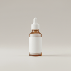 Professional e-commerce product photography of a **brandless** Night Repair Peptide Serum (Revitalize nightly with a targeted peptide complex designed to support skin renewal and hydration.). The entire environment is a perfectly uniform, flat, solid color #EAE9E7 (light warm gray) with absolutely no gradient, vignette, spotlighting, texture, noise, or grain. The object is centered and tiny, occupying only 25% of the frame, surrounded by massive negative space. The background and floor are a seamless, infinite cyclorama of solid color #EAE9E7 with no horizon line, no corner, and no visible wall/floor transition. Lighting: ultra-even high-key with very strong global illumination and soft, multi-directional bounced fill (studio light tent look). Bright exposure (lifted midtones and shadows, low contrast), slightly overexposed overall while preserving product detail. Fully diffuse, no hard shadows, no cast shadows; at most a barely visible neutral contact shadow. No harsh specular highlights. Framing: simple 3/4 view. Perfectly centered. Style: ultra-clean, minimalistic. No logos, no text, no distractions. 8k resolution, sharp details on the object.