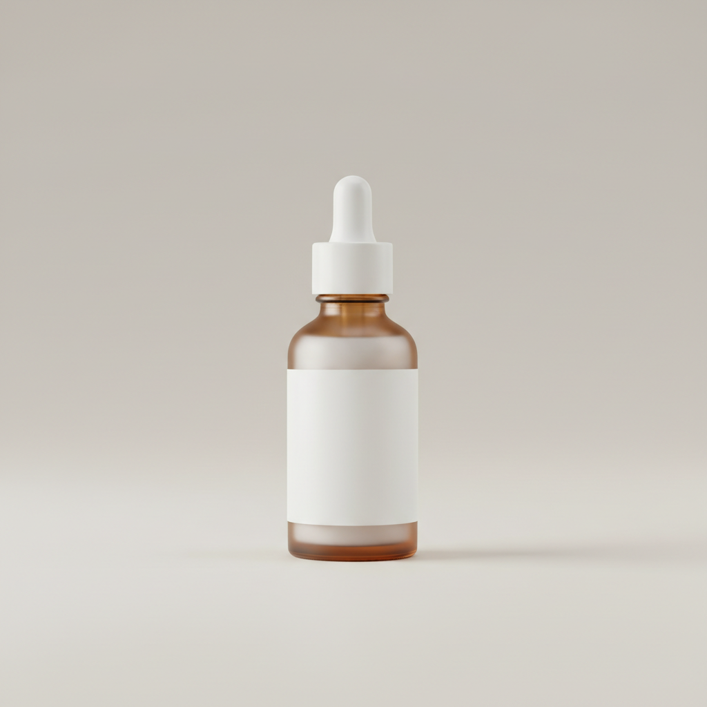 Professional e-commerce product photography of a **brandless** Night Repair Peptide Serum (Revitalize nightly with a targeted peptide complex designed to support skin renewal and hydration.). The entire environment is a perfectly uniform, flat, solid color #EAE9E7 (light warm gray) with absolutely no gradient, vignette, spotlighting, texture, noise, or grain. The object is centered and tiny, occupying only 25% of the frame, surrounded by massive negative space. The background and floor are a seamless, infinite cyclorama of solid color #EAE9E7 with no horizon line, no corner, and no visible wall/floor transition. Lighting: ultra-even high-key with very strong global illumination and soft, multi-directional bounced fill (studio light tent look). Bright exposure (lifted midtones and shadows, low contrast), slightly overexposed overall while preserving product detail. Fully diffuse, no hard shadows, no cast shadows; at most a barely visible neutral contact shadow. No harsh specular highlights. Framing: simple 3/4 view. Perfectly centered. Style: ultra-clean, minimalistic. No logos, no text, no distractions. 8k resolution, sharp details on the object.