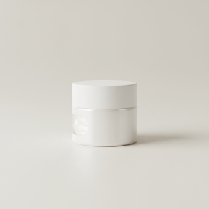 Professional e-commerce product photography of a **brandless** Hydra Peptide Moisturizer (Hydrating peptide cream that leaves skin supple and glowing.). The entire environment is a perfectly uniform, flat, solid color #EAE9E7 (light warm gray) with absolutely no gradient, vignette, spotlighting, texture, noise, or grain. The object is centered and tiny, occupying only 25% of the frame, surrounded by massive negative space. The background and floor are a seamless, infinite cyclorama of solid color #EAE9E7 with no horizon line, no corner, and no visible wall/floor transition. Lighting: ultra-even high-key with very strong global illumination and soft, multi-directional bounced fill (studio light tent look). Bright exposure (lifted midtones and shadows, low contrast), slightly overexposed overall while preserving product detail. Fully diffuse, no hard shadows, no cast shadows; at most a barely visible neutral contact shadow. No harsh specular highlights. Framing: simple 3/4 view. Perfectly centered. Style: ultra-clean, minimalistic. No logos, no text, no distractions. 8k resolution, sharp details on the object.